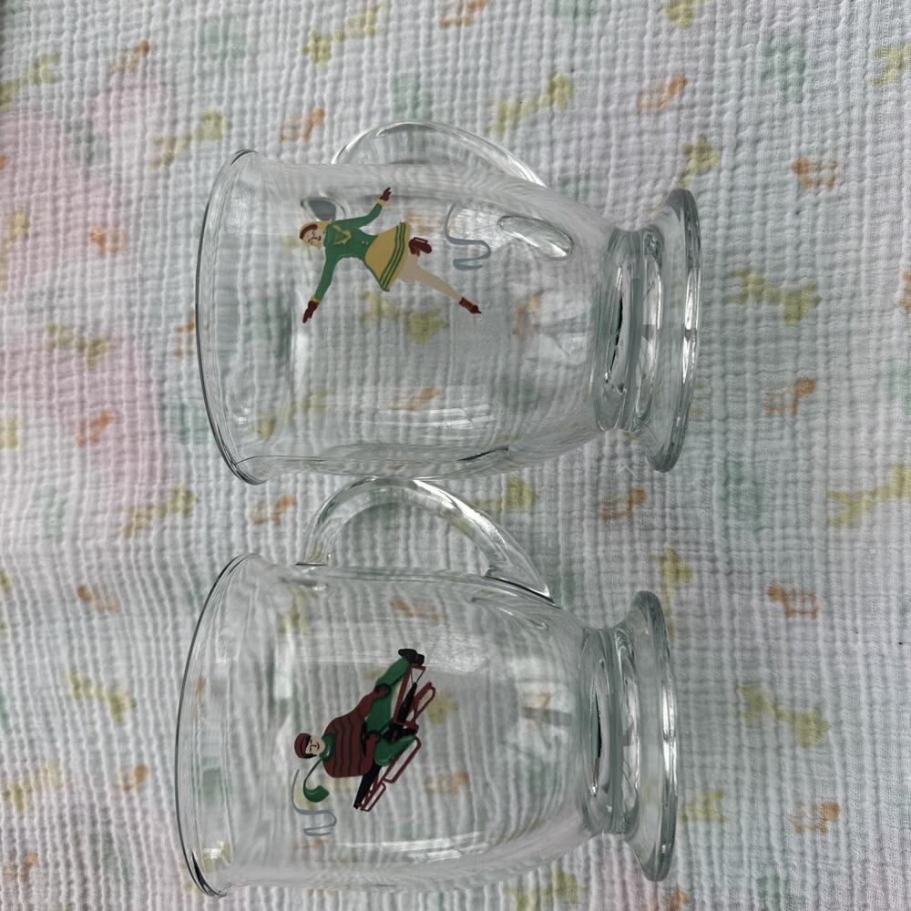Williams Sonoma Vintage Winter Sports Skating Sledding Glass Coffee Mugs Set/2